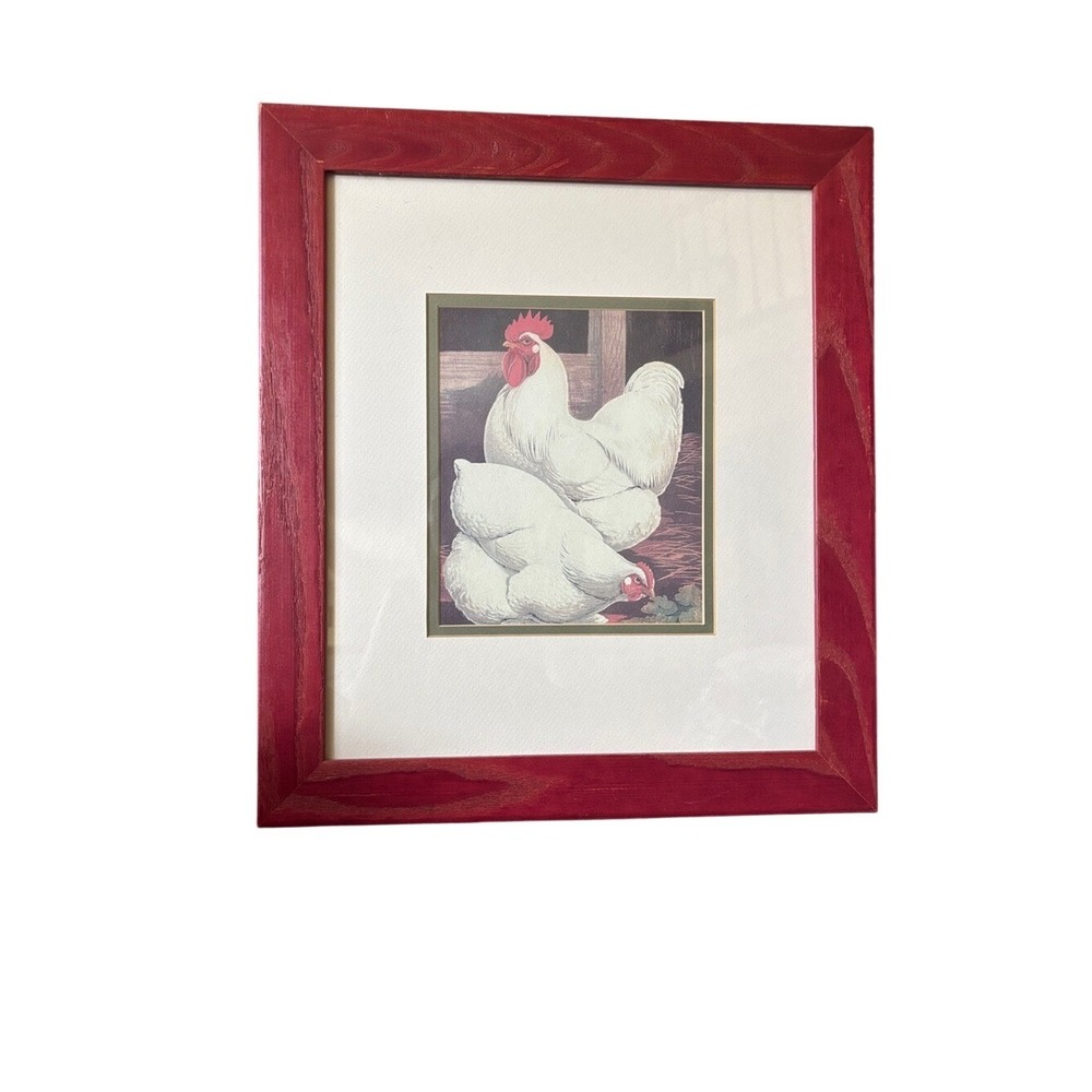 Pair White Dorkings Rooster Hen Eating Print Framed Red Frame Rustic Farmhouse